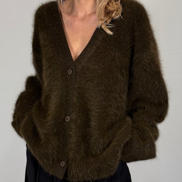 Oversized Brown Angora Cardigan Women Sweater